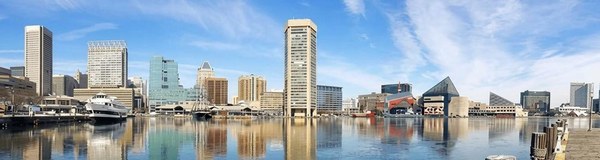 Baltimore's Inner Harbor skyline on a sunny day